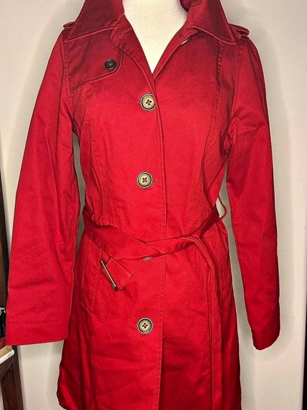 Merona Red Belted Trench Coat Size Medium Like New